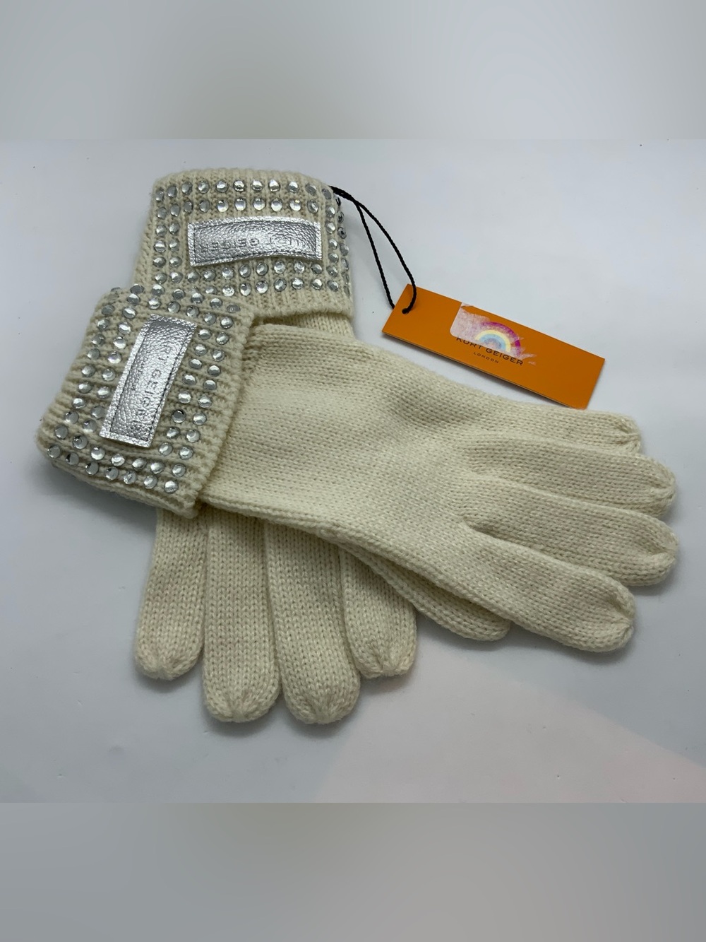 Kurt Geiger Cream Knit Gloves with Silver Embellished Cuff